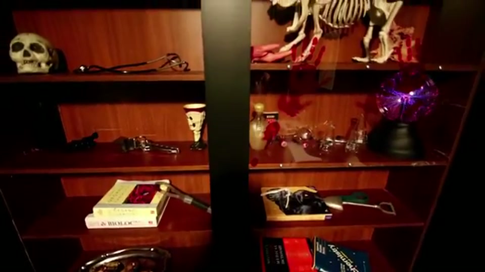 The Lair of Lunacy escape room: bookshelves with skulls, skeleton, and plasma ball in a dark lab